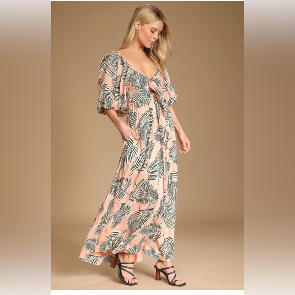 Lulus Maxi Dress With Pockets- Tropical Take Blush Palm Print Tie-front pink EUC